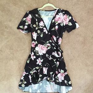 Black floral wrap dress